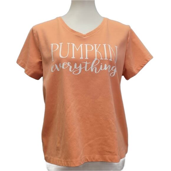 Hand Printed Upcycled Womens Large Pumpkin Everything Stretch Cotton Tee Shirt - Picture 1 of 5